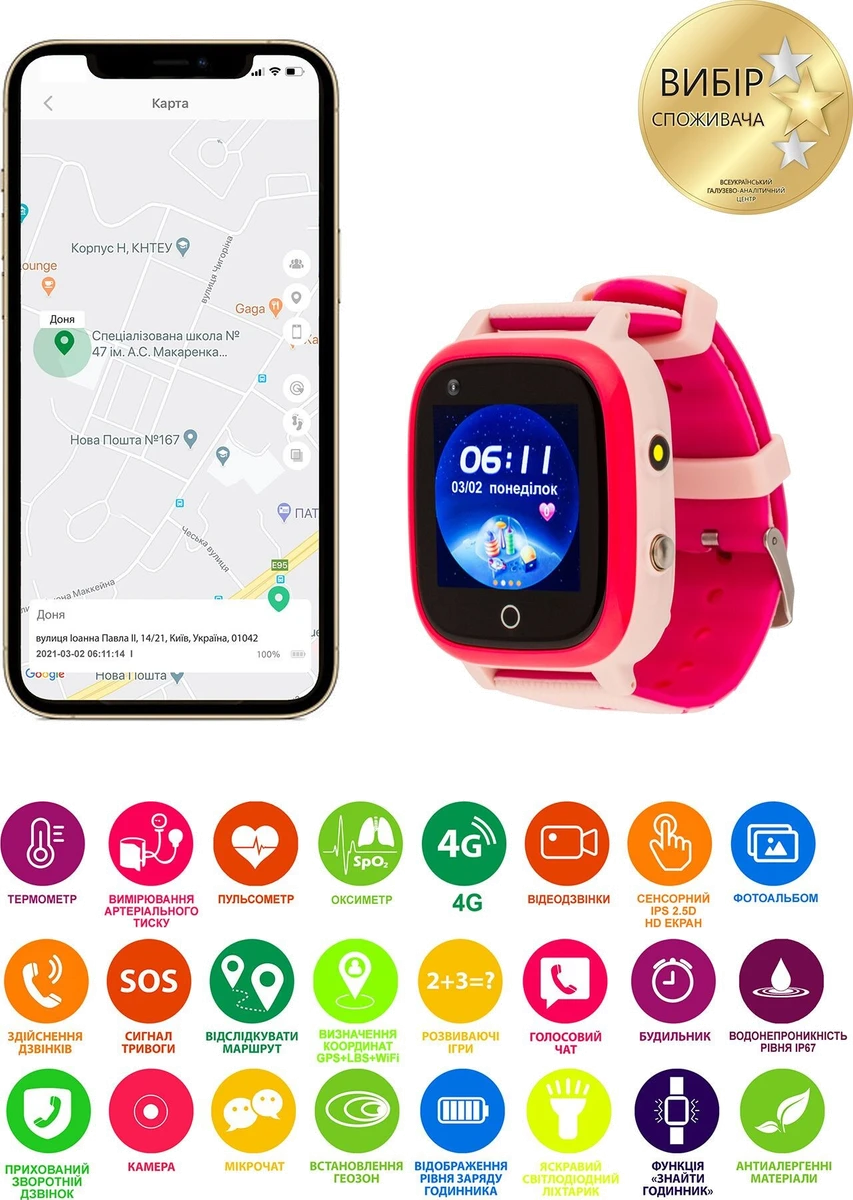 Дитячий смарт-годинник AmiGo GO005 4G WIFI Thermometer Pink