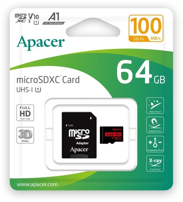 Карт. пам. Apacer microSDXC UHS-I 64GB R100 +SD