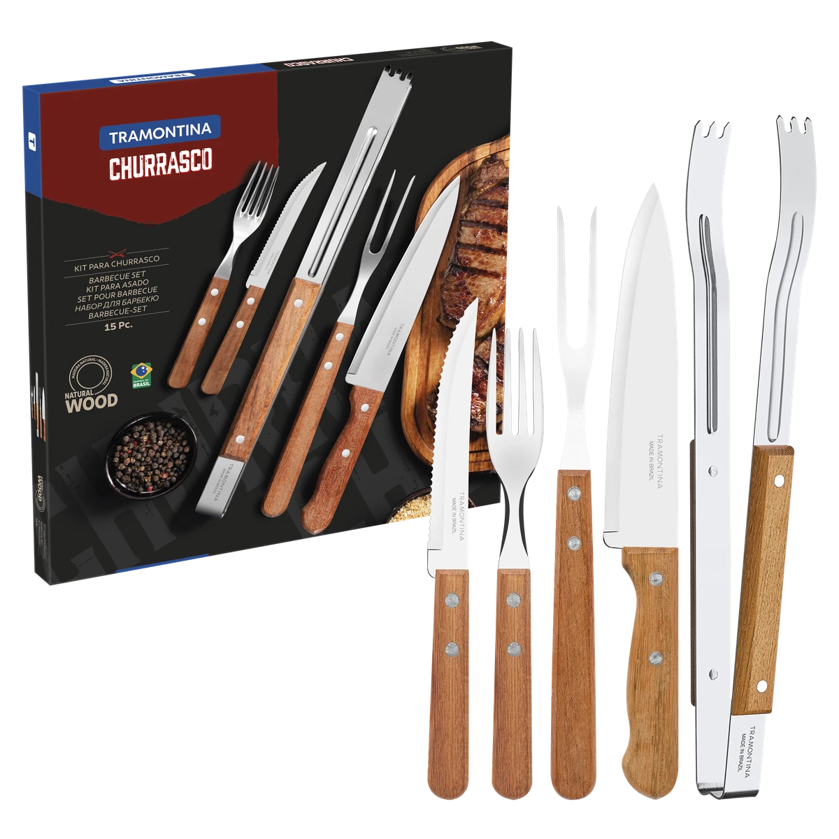 Ніж TRAMONTINA Barbecue 15пр(ніж 20см,виделка,щип37см,стол.прил)кол.кор (22399/028)
