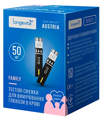 Глюкометр LONGEVITA Family Тестові смужки для вимірювання глюкози в крові (50х1)50шт