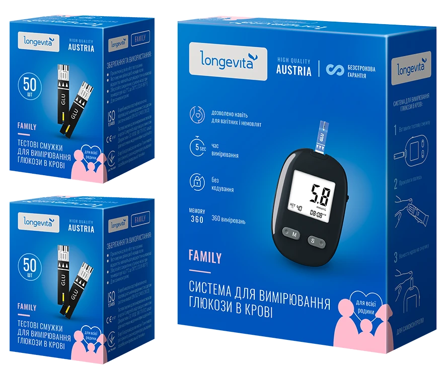 Глюкометр LONGEVITA Family Сис-ма д/вимiр.глюк.+Тест.смуж.100шт.(2*50шт/уп.)