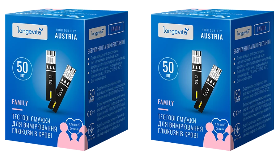 Глюкометр LONGEVITA Family Тестові смужки для вимір. глюкози в крові 100шт.(2*50шт/уп.)