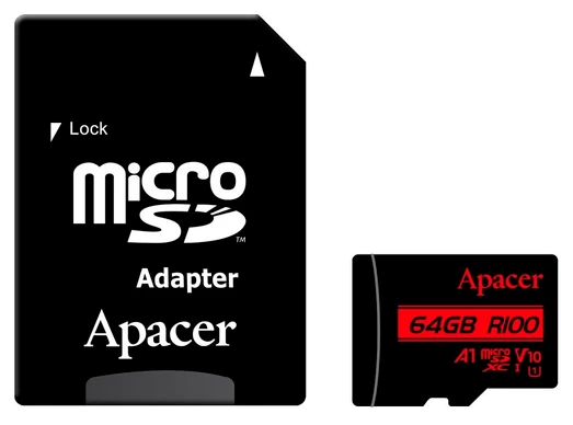 Картка пам'ятi APACER microSDXC 64GB U1 V10 A1 R100 + adapter (100/10 MB/s)