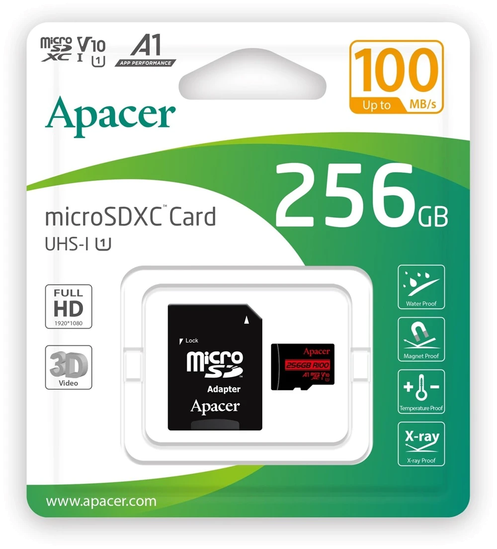 Картка пам'ятi APACER MicroSDHC 256GB UHS-I Class 10 + SD adapter (AP256GMCSX10UB-R)