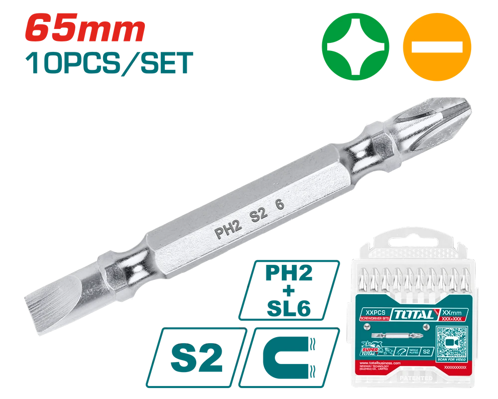 Акс.інстр TOTAL TAC16HL133 Викрутні насадки, PH2+SL6, 65 мм, 10 шт.