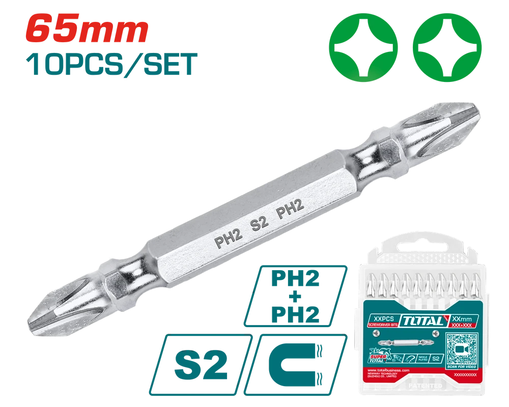 Акс.інстр TOTAL TAC16PH233 Викрутні насадки, PH2+PH2, 65 мм, 10 шт.