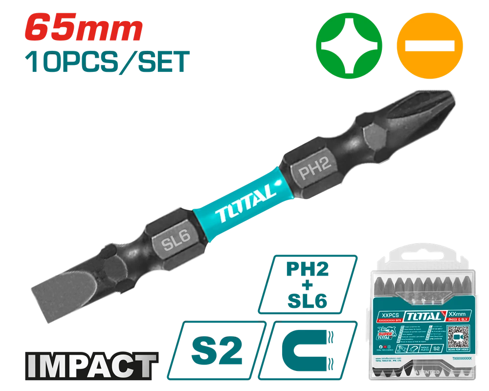 Акс.інстр TOTAL TACIM16HL133 Викрутні насадки уд., PH2+SL6, 65мм,10шт.