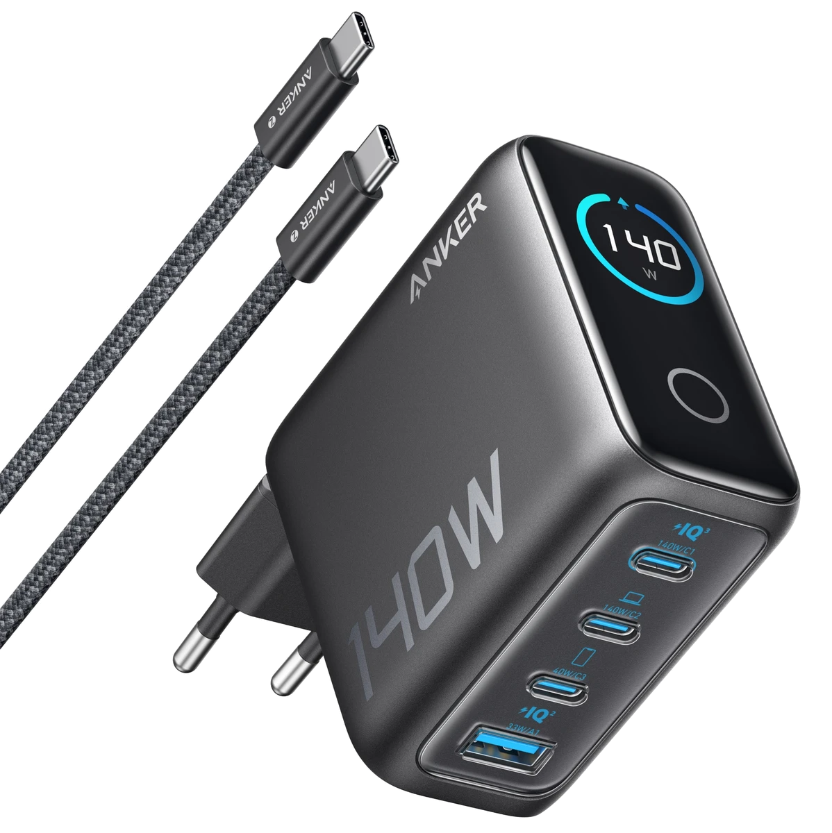 мережева зарядка ANKER Laptop GaN Charger 140W, 3xUSB-C PD3.1 & 1xUSB-A w Display and Cable (Black)