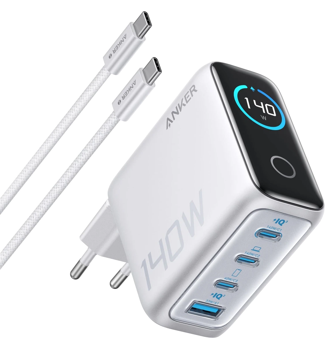 мережева зарядка ANKER Laptop GaN Charger 140W, 3xUSB-C PD3.1 & 1xUSB-A w Display and Cable (Silver)