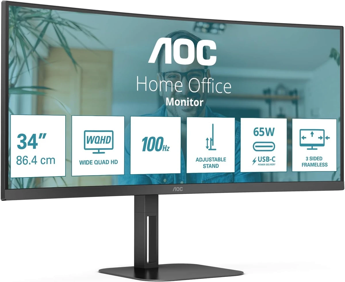 Монiтор TFT AOC 34" CU34V5CW/BK 21:9 VA Curved WQHD 100Hz HDMI DP USB-C WebCam HAS