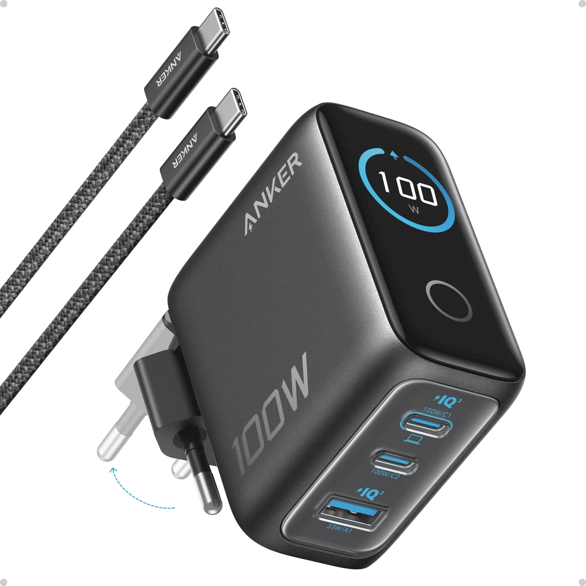 мережева зарядка ANKER GaN Charger 100W, 2xUSB-C PD & 1xUSB-A w Display and Cable (Dark Gray)