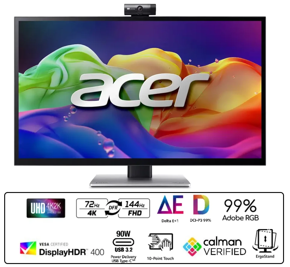 Монiтор TFT ACER 27" PE270KTbmiiphcuzx (UM.HP0EE.014) IPS 4K Touch HDMI DP USB-C WebCam HAS USB Black