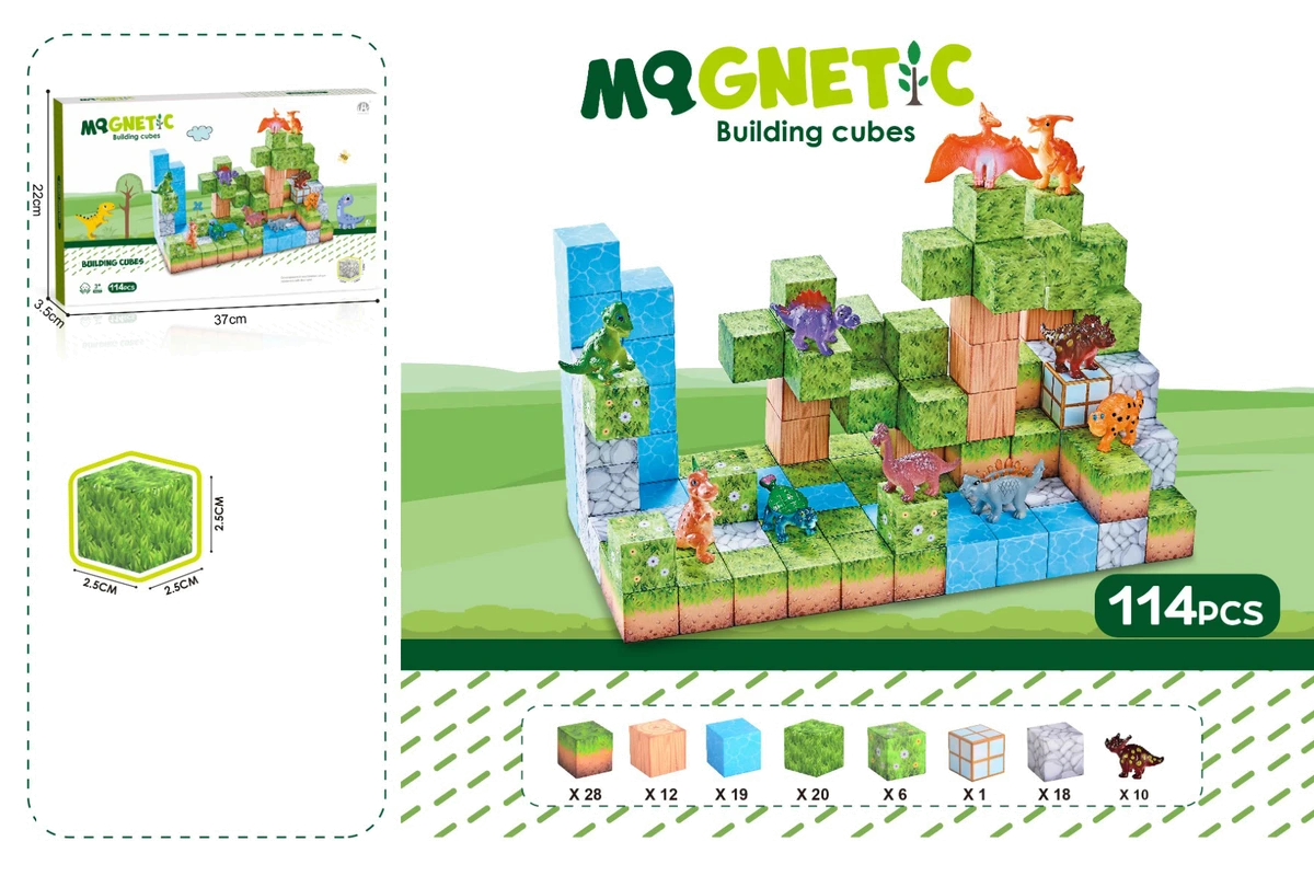 Магнітний конструктор з фігурками динозаврів 2.5 см, 114 ел. Magnetic